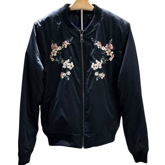 American Eagle Black Embroidered Bomber Jacket Size Medium - Picture 3 of 13